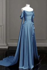 Purple Evening Dresses Off-The-Shoulder Pleated Long Prom Gowns With Trailing On Both Sides Ruffles N1873