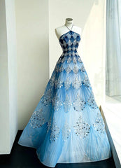 Classy Ball Gown Blue Tulle Long Inspo For Women Girls Halter Formal Party Gowns Long Formal Prom Dresses AB1833
