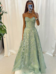Chic Luxurious Green Sweetheart Prom Dress Floor Length with Beaded Party Gown AB1838