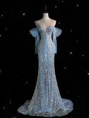 Modest Off The Shoulder Beaded Party Gowns Elegant Ice Blue Sparkle Long Prom Dress AB1701