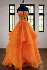Chic Ball Gown Spaghetti Strap Orange Tulle Lace Long Formal Fancy Prom Evening Dress Dinner Outfits Party Gowns For Teens AB2182