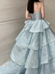 Chic Ball Gown Sweetheart Light Sky Blue Sequins Long Formal Fancy Prom Evening Dress Dinner Outfits Party Gowns For Teens AB2180