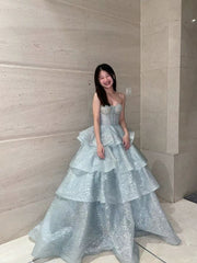 Chic Ball Gown Sweetheart Light Sky Blue Sequins Long Formal Fancy Prom Evening Dress Dinner Outfits Party Gowns For Teens AB2180