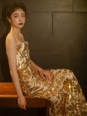 Glitter Mermaid Strapless Gold Sleeveless Prom Dresses Inspiration Long Night Outfits 18th Birthday Outfits AB2220