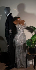 Glittery Mermaid Sweetheart Prom Dresses Silver Sequin Beaded Crystals Long Formal Evening Party Gown N811