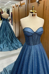 Timeless Navy Blue Sequin Beaded Sweetheart A-Line Long Prom Dress AB1709