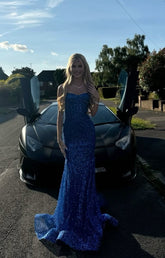 Shiny Royal Blue Mermaid Spaghetti Straps Long Beaded Prom Dress Party Gowns RB1671