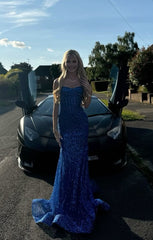 Shiny Royal Blue Mermaid Spaghetti Straps Long Beaded Prom Dress Party Gowns RB1671
