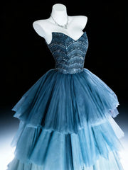 Modest Prom Dresses Ball Gown Sweetheart Navy Blue Tulle With Layers Beaded Long Quince Dress N3055