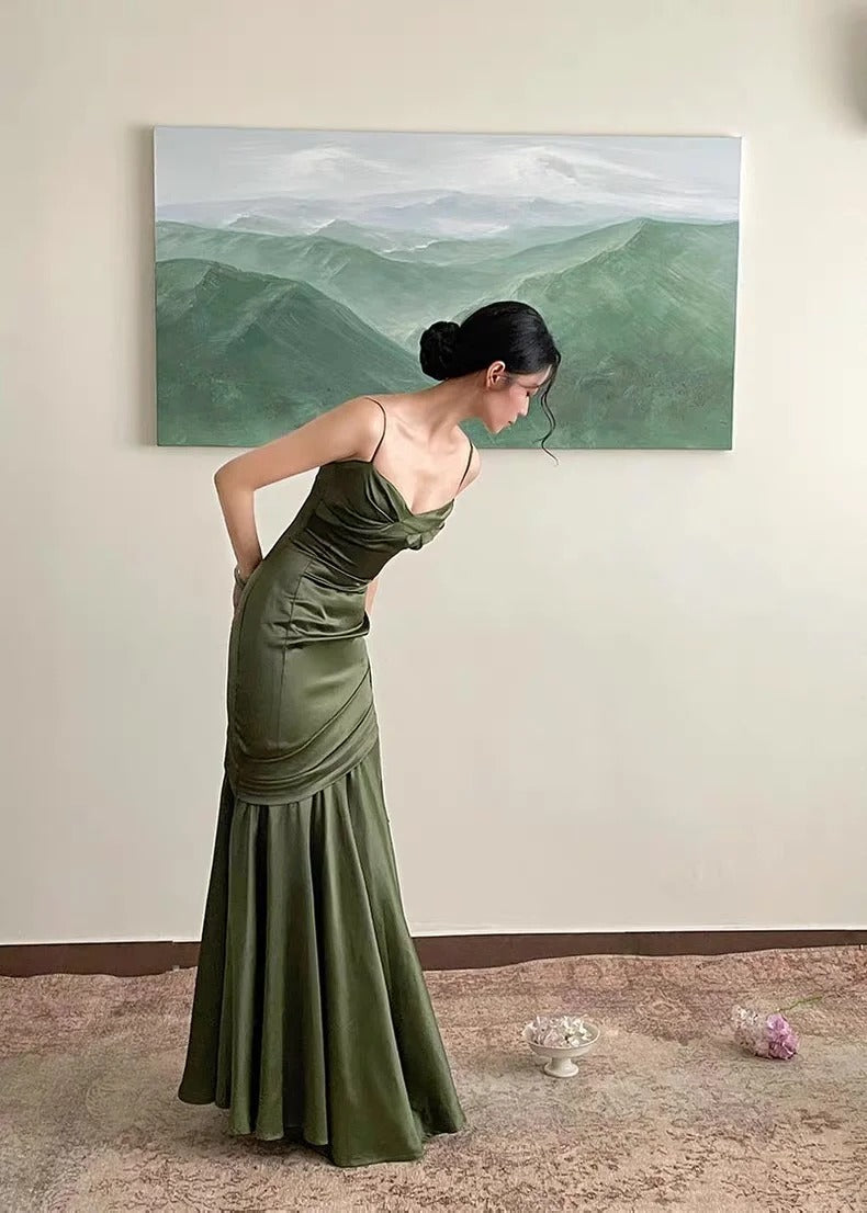 Fitted Mermaid Spaghetti Strap Green Satin With Pleated Formal Dress Long Prom Dresses N2820