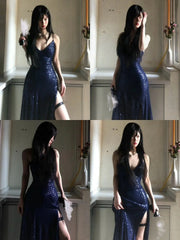 Sexy Navy Blue V-neck Lace-Up Mermaid Long Prom Dress with Slit Formal Dress AB1826