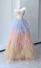 Elegant Prom Dresses Ball Gown Strapless Multi Colors Tulle With Pleated Long Formal Gown N2919