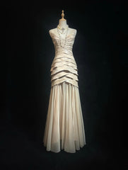 Vintage Prom Aesthetic Dresses Mermaid V Neck Champagne With Layers Long Formal Dress N3029