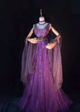 Modest Prom Dresses A line V Neckline Grape Tulle Sequined With Cape Long Evening Outfits N3447