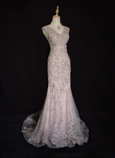 Vintage Prom Dresses Mermaid V Neck Pink Lace 80s Long Formal Evening Outfits N3875