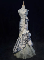 Vintage Prom Dresses Mermaid Straps Grey Satin Lace With Ruffles Long Evening Outfits N3442