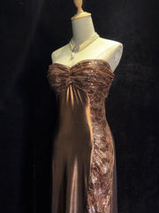 Vintage Prom Dresses Inspo A Line Sweetheart Brown Satin Long 1990s With Sequined Formal Gowns N3345