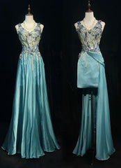 Vintage Classy Prom Dresses A Line Tiffany Blue V Neck Lace Satin With Beaded Evening Long Dress N3300