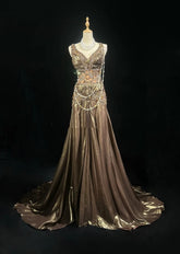 Vintage Prom Aesthetic Dresses Mermaid V Neck Brown Satin With Beading Gem Long Formal Dress N3021
