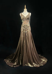 Vintage Prom Aesthetic Dresses Mermaid V Neck Brown Satin With Beading Gem Long Formal Dress N3021