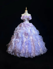 Modest Prom Dresses Ball Gown Strapless Lilac Organza With Layers Tiered Long Quince Dress N3128