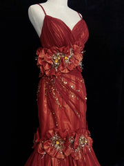 Beautiful Prom Dresses Mermaid Spaghetti Strap Burgundy With 3D Flowers Long Formal Evening Outfits N3660