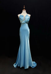 Classy Prom Dresses Mermaid Halter Floor Length Tiffany Blue Satin Formal Evening Dress N3698