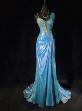 Vintage Prom Dresses Inspo Mermaid Straps Blue Sequined Long 1990s With Flower Formal Gowns N3355
