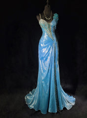 Vintage Prom Dresses Inspo Mermaid Straps Blue Sequined Long 1990s With Flower Formal Gowns N3355