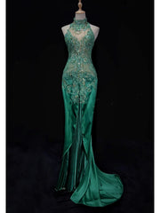 Vintage Prom Dresses 90s Mermaid High Neck Green Satin With Applique Slit Long Semi Formal Evening Outfits N3662