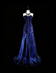 Vintage Mermaid Sweetheart Royal Blue Satin 80s Evening Gowns Formal Birthday Dress Long Prom Dresses N1756