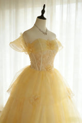 Modest Prom Dresses Ball Gown Off The Shoulder Yellow Tulle With Sleeves Long Quince Dress N2967
