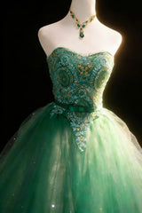 Modest Prom Dresses Ball Gown Strapless Green Tulle With Beads Long Quince Dress N2975