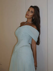Sexy Mermaid Off The Shoulder Light Sky Blue Chiffon Prom Dresses Party Dress Long Evening Dresses AB2139
