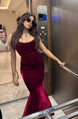 Classy Mermaid Spaghetti Straps Burgundy Velvet Inspo For Women Girls Formal Party Gowns Long Prom Dresses AB1810