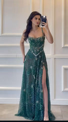 Modest A line Square Neck Dark Green Sequins Slit Long Prom Dresses Senior Graduation Dance Evening Outfits N036