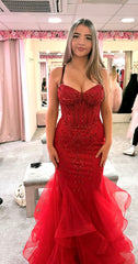 Elegant Mermaid Spaghetti Straps Red Sequin With Beadings Long Formal Prom Evening Dress Dinner Outfits Party Gowns AB2142
