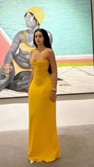 Simple Split Front Mermaid Halter Chiffon Long Halter Ruffles Prom Dresses N1772