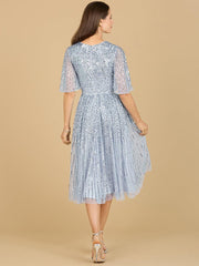 Lara Dresses 29221 Sequin Short Sleeve Formal Midi Dress