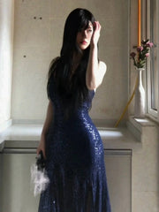 Sexy Navy Blue V-neck Lace-Up Mermaid Long Prom Dress with Slit Formal Dress AB1826