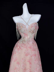 Romantic A line Halter Pink Sequined With Beaded Formal Dress Long Prom Dresses N2826