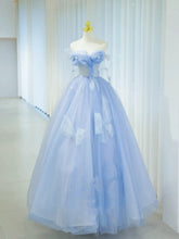Pretty Prom Dresses Ball Gown Off The Shoulder Blue Tulle With Ruffle Long Formal Gown N2936