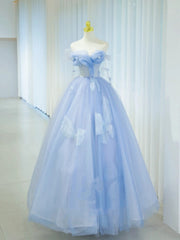 Pretty Prom Dresses Ball Gown Off The Shoulder Blue Tulle With Ruffle Long Formal Gown N2936