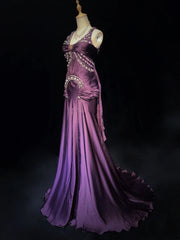 Vintage Prom Dresses Mermaid V Neck Purple Chiffon 80s With Beading Long Formal Evening Outfits N3896