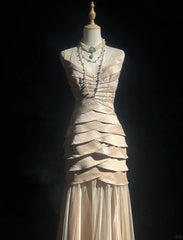 Vintage Prom Aesthetic Dresses Mermaid V Neck Champagne With Layers Long Formal Dress N3029
