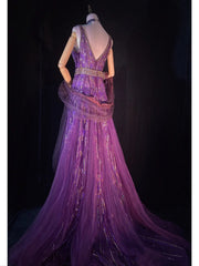 Modest Prom Dresses A line V Neckline Grape Tulle Sequined With Cape Long Evening Outfits N3447