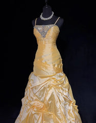 Elegant Prom Dresses Ball Gown Spaghetti Strap Yellow Taffeta With Pleated Long Formal Gown N2918
