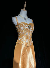 Charming Prom Dresses A line Spaghetti Strap Gold Long Formal Evening Dress N3900
