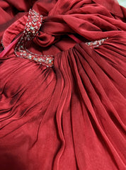 Elegant Prom Dresses A line Jewel Neck Burgundy Chiffon With Cape Beaded Sleeveless Long Formal Gown N2885