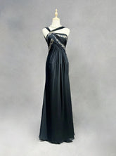 Modest Prom Dresses A Line Halter Black Chiffon Backless Floor Length Formal Evening Outfits N3484